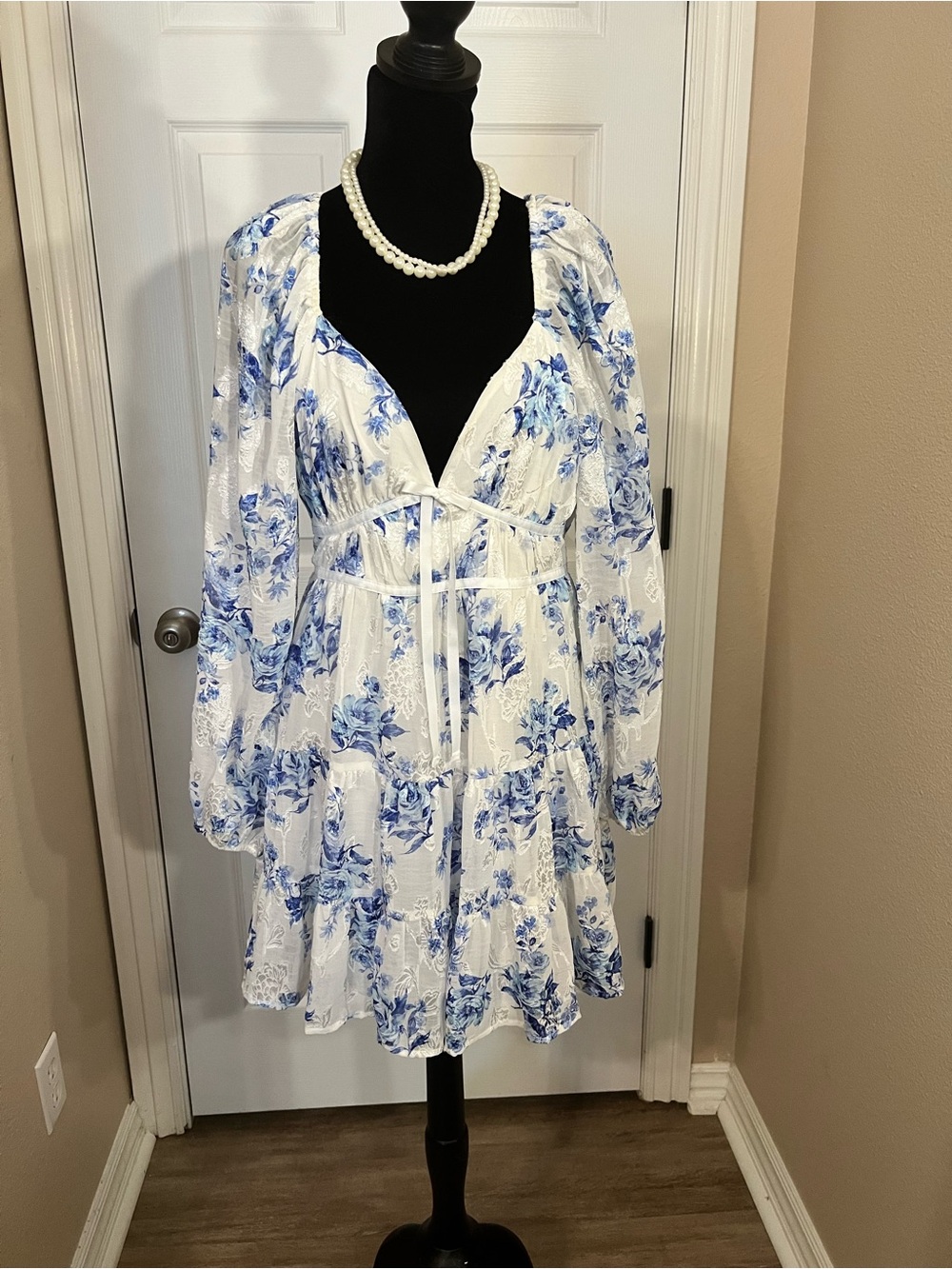 White Mini Dress with Blue Floral Print and V-Neck